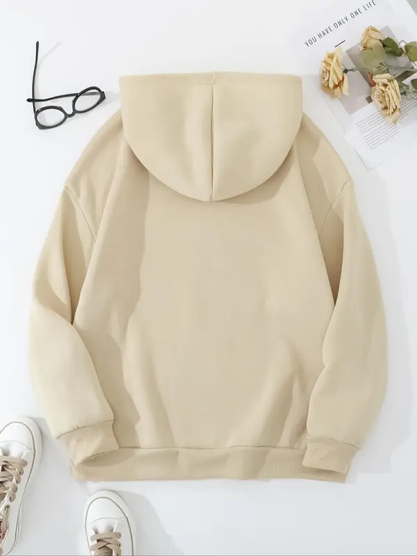 【Plus Size】 Letter Print Drop Shoulder Hoodie, Casual Long Sleeve Drawstring Pocket Hooded Sweatshirt, Women Plus Clothing for Fall & Winter 1