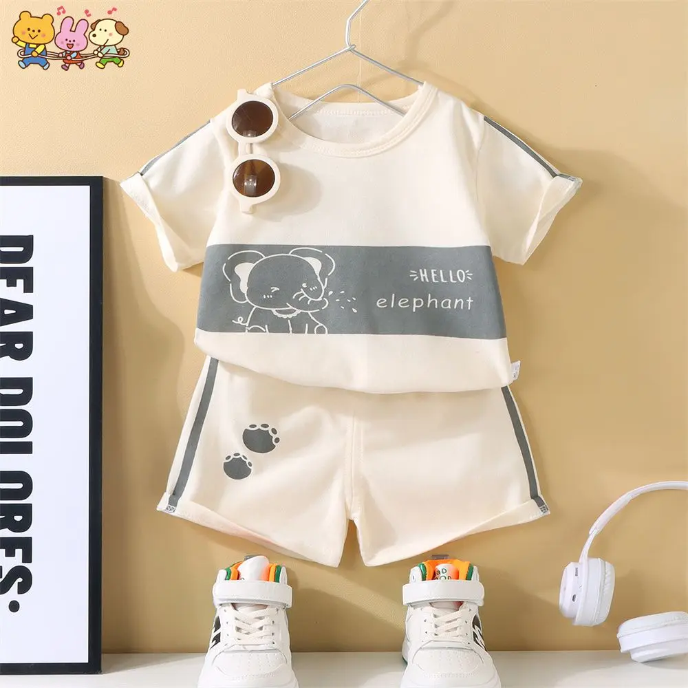 (1-8 Years Old) 80-130cm Kids Terno Children's Short-sleeved Suit Cartoon Animal Pattern Casual Pullover Shorts Suit Children's T-shirt Suit Boy Baby Baby Clothing Children's Wear New