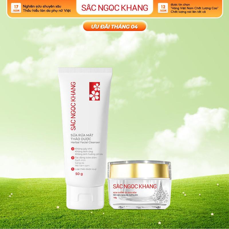 Bộ Đôi Dưỡng Da Cơ Bản: Sữa Rửa Mặt Thảo Dược 50G + Kem Hỗ Trợ Dưỡng Trắng Da 10G Sắc Ngọc Khang Dưỡng Ẩm Ban Đêm Hỗ Trợ Cải Thiện Nám, Sạm, Tàn Nhang Nâng Tông Da whitening Skincare
