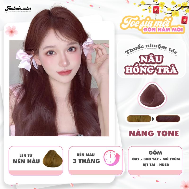 Thuốc nhuộm tóc màu Nâu, thuốc nhuộm tóc màu Nâu Hồng Trà, Nâng Tone JunHair, tặng kèm oxi trợ dưỡng bao trai mũ trùm bịt tai.