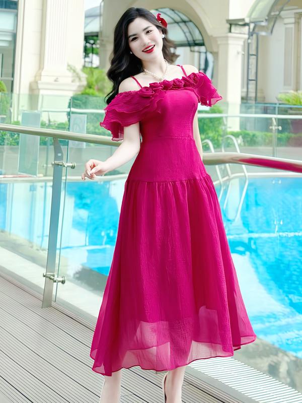 [MIỄN SHIP] MDU4122 Váy Tơ Vân Hàn 2 Lớp - Thiết Kế Dáng Xòe Thanh Lịch Dành Cho Nữ Women Màu Hồng Dress 0