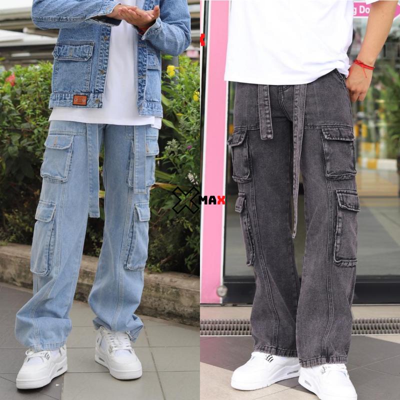 Quần jean nam túi hộp ống rộng XMAX cạp cao dây chéo phong cách hiphop đường phố B081 Menswear Pants
