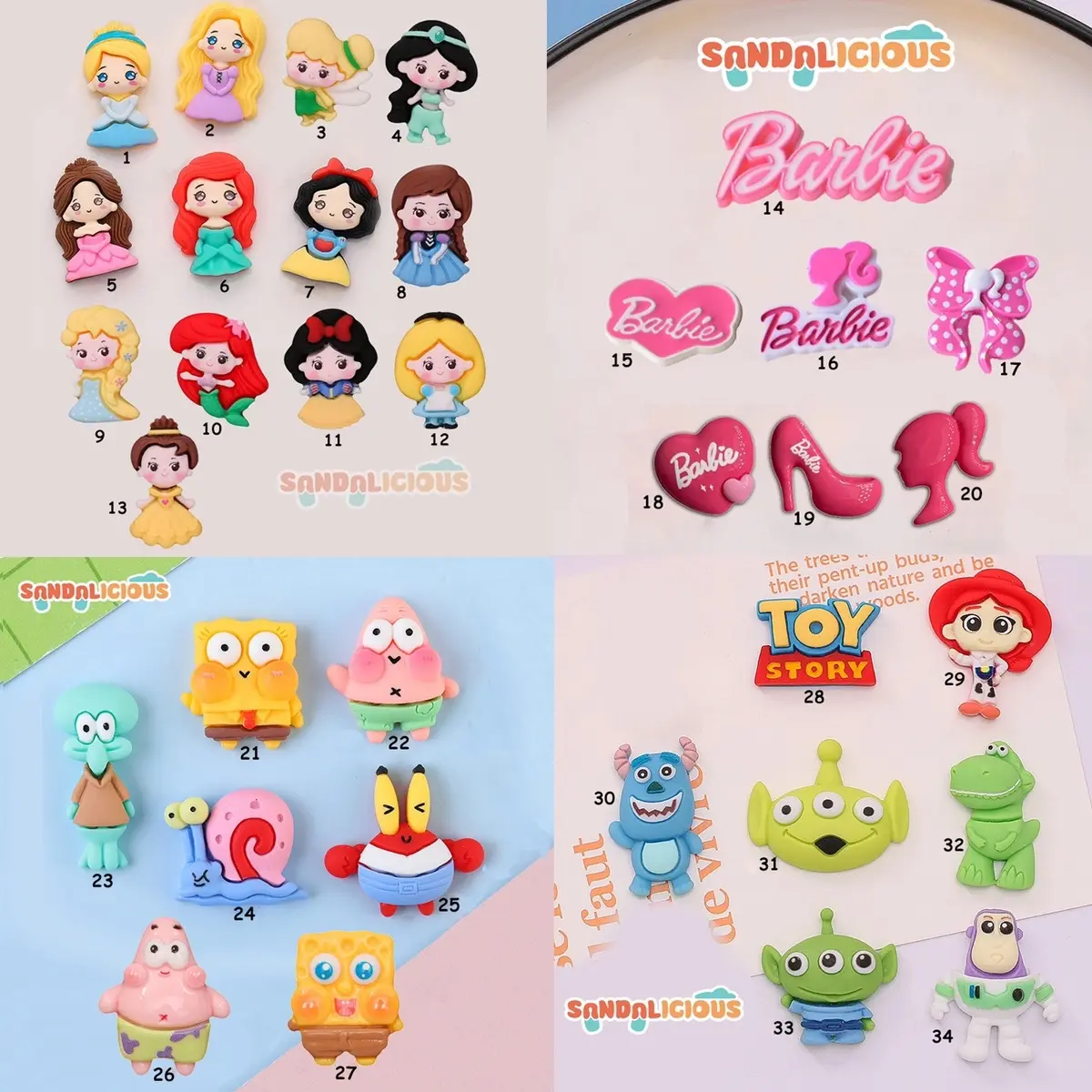 (F) Jibbitz Sandal Baim Karakter Princess Barbie Lucu - Charm Pin Sandal Spongebob Toy Story