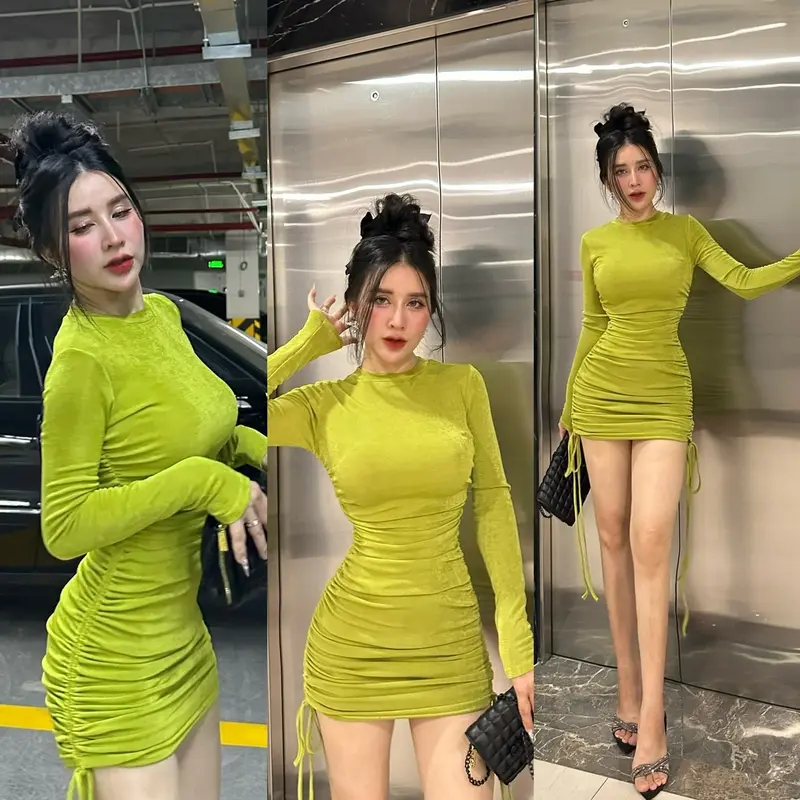 Đầm body nữ tay dài nhún tôn dáng, vải thun nhũ kim cương cao cấp co dãn lên dáng rất đẹp luôn ạ. Có thể điều chỉnh độ ngắn dài khi rút dây. Mặc đi làm, đi chơi, đi tiệc đều xinh luôn ạ. Bảng màu gồm : xanh bơ, xám, hồng ,đen ,cam ,nâu. Nhung Dress Voi 3