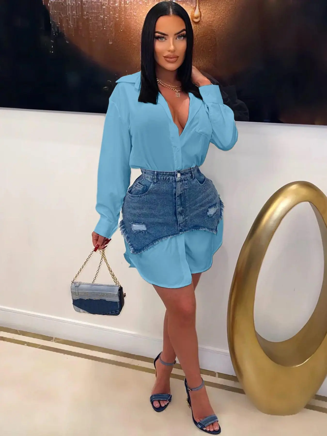 Women's Solid Button Front Shirt & Pocket Denim-effect Print Skirt Two-piece Set, Casual Drop Shoulder Long Sleeve Top & Short Skirt for Daily Wear, Ladies Spring & Fall Clothes