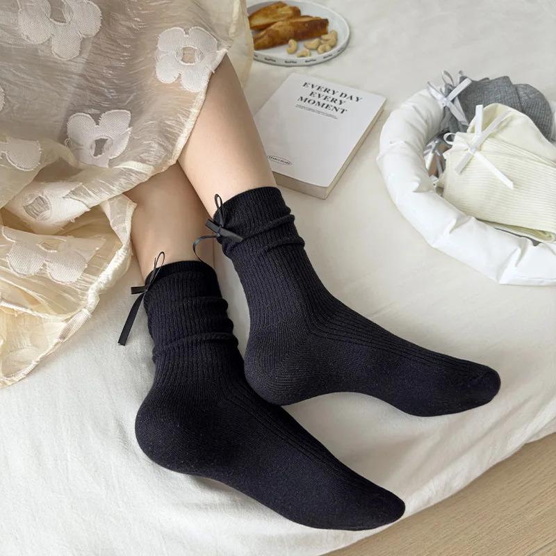 Product Introduction of Japanese JK Sweet Bowknot Tied Middle Tube Socks Women Heel Bow Socks Casual Black White Pile Socks Girls Sports Cotton Socks Womenswear Lingerie lolita Comfort Bridal Basic Minimalist 13