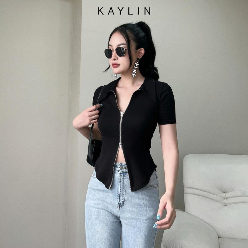  Áo thun Nữ croptop ôm có cổ và dây kéo 2 đầu phong cách KAYLIN - N1770 Women Trắng Cổ Tròn Cổ Tròn 