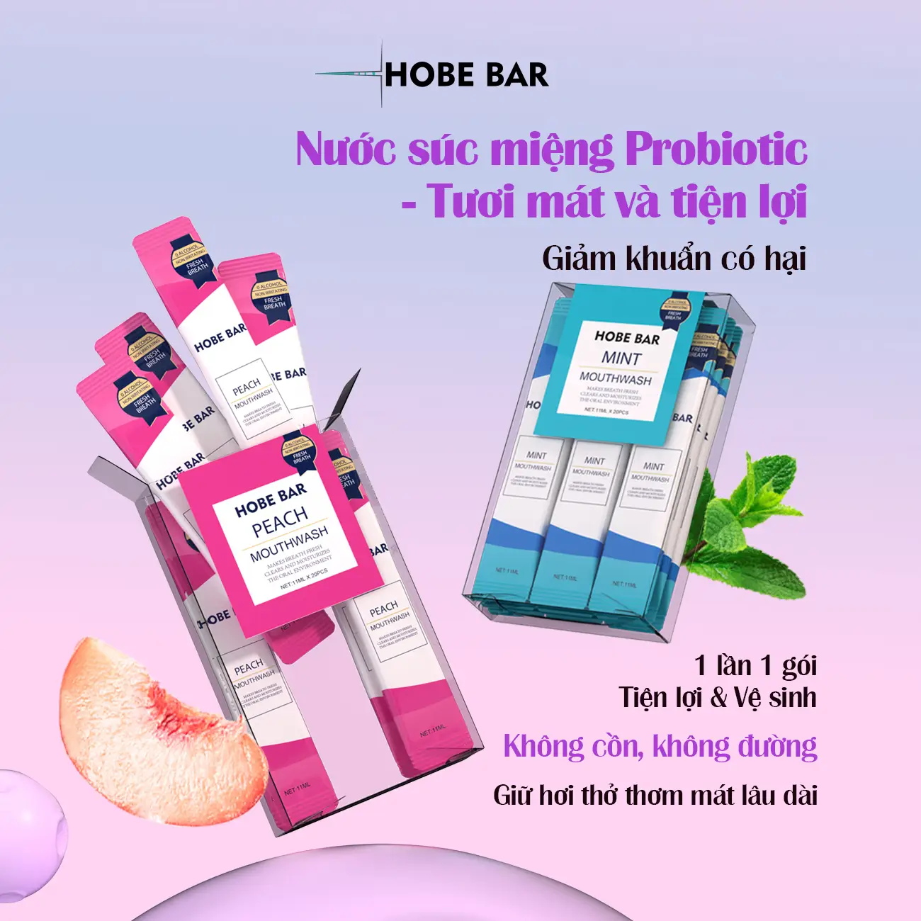 Nước Súc Miệng Probiotic HOBE BAR Giúp Hơi Thở Thơm Mát (1 hộp x 20 gói / 1 gói x 11 ml) Thiết Kế Tiện Lợi Hỗ Trợ Cải Thiện Sức Khỏe Răng Miệng Cho Cả Nam Và Nữ