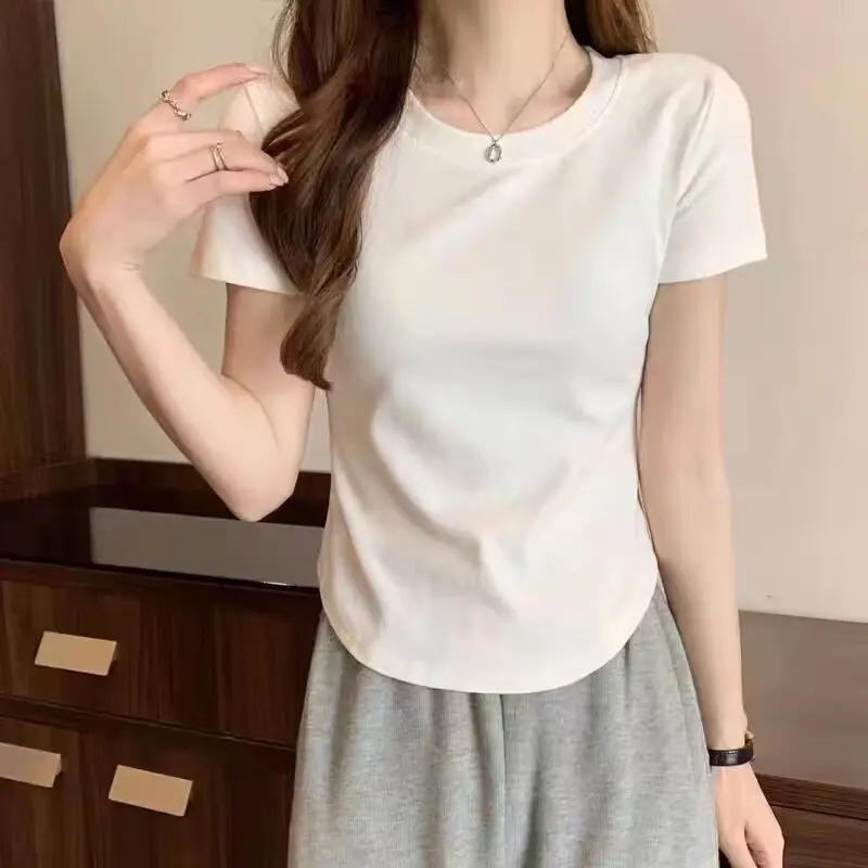 Short Sleeve Shoulder round Neck Solid Color T-shirt Female Hem Irregular Slim Fit Versatile Top Basic Style