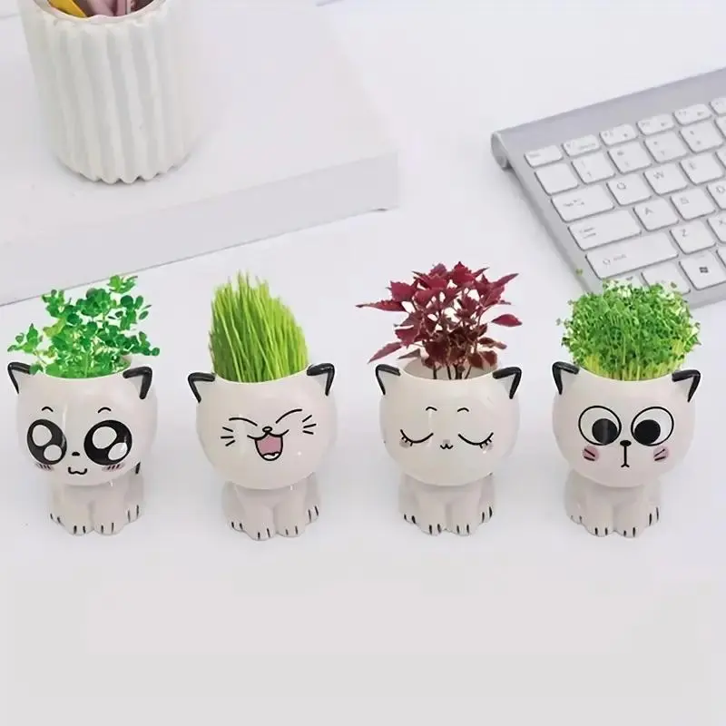 Cute Cat Design Ceramic Flower Pot, 4 Counts/set Mini Cartoon Cute Potted Plant, Desktop Potted Plant for Home Office School Decoration 7