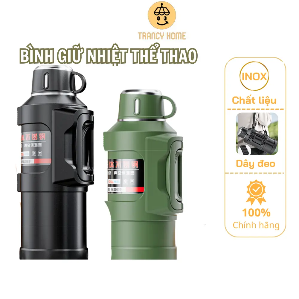 Bình giữ nhiệt Trancy home 24- 36 giờ inox 316 nắp làm cốc có tay cầm và dây đeo, nhiều dung tích binh  nuoc