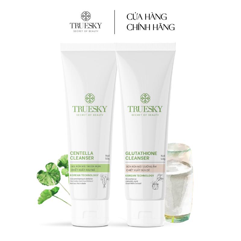 Combo làm sạch dành cho da mụn Truesky gồm 1 gel rửa mặt rau má 50g +1 sữa rửa mặt sữa dê 50g