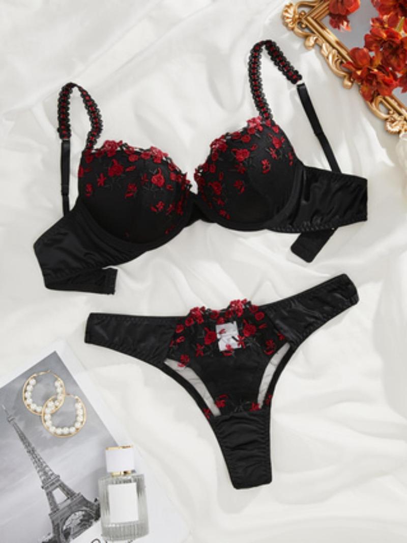 Product Introduction of Women's Floral Embroidery Contrast Mesh Underwear Set, Adjustable Strap Push Up Bra & Thong Set, Romantic Lingerie Set for Women 6