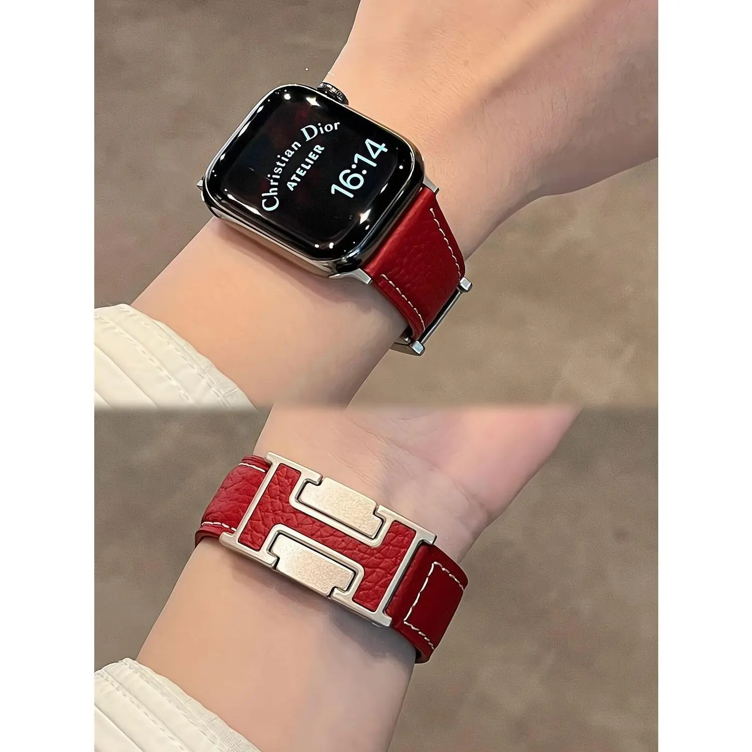 Soft Lychee Pattern H Magnetic Buckle Genuine Leather Apple Watch Watchband Suitable for S8iwatch9se Couple 45 Men and Women