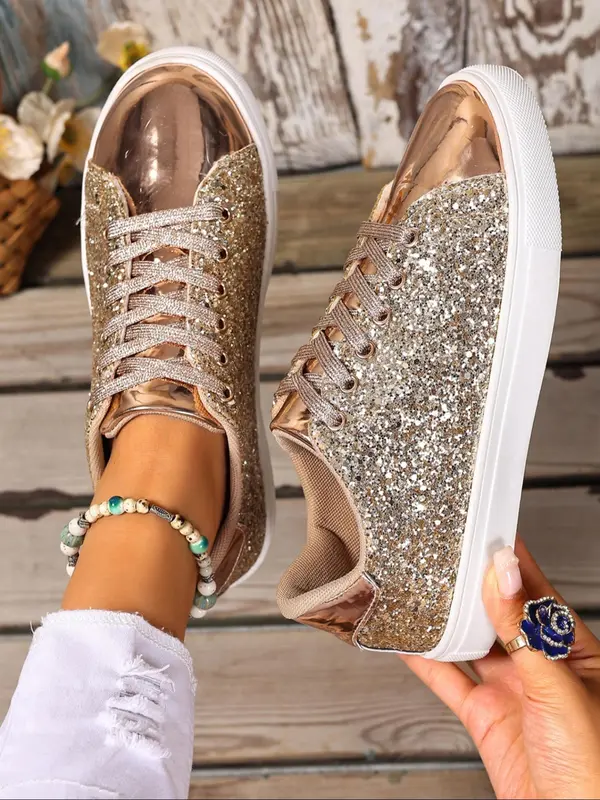 Metallic Sequined Korean Style Shoes, Trendy Casual Footwear for Students, Sparkling PU Leather with Rubber Sole 6