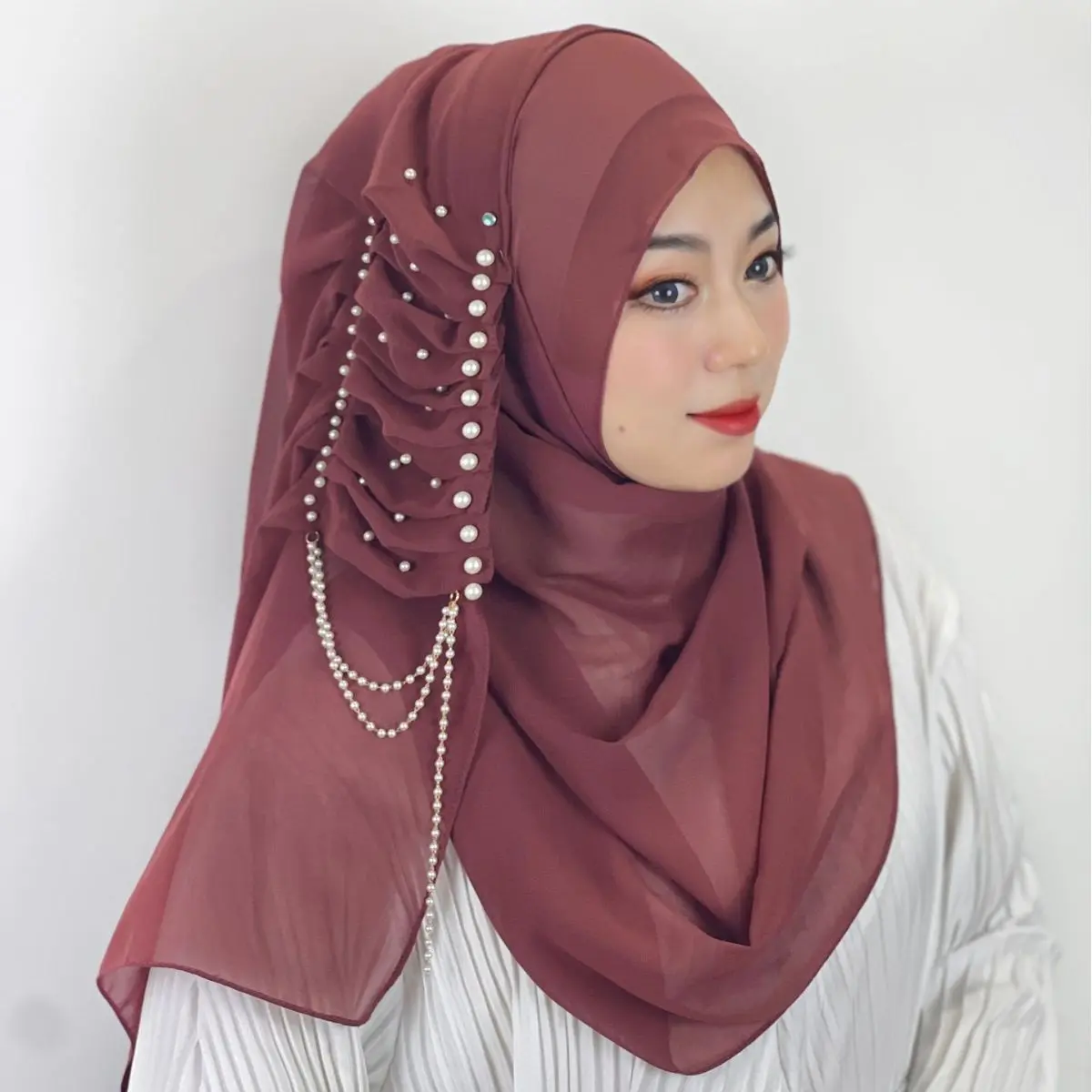 Pearl Chiffon Solid Color Bandana Beaded Tassel Design Lady Shawl Women's Bandana Scarf