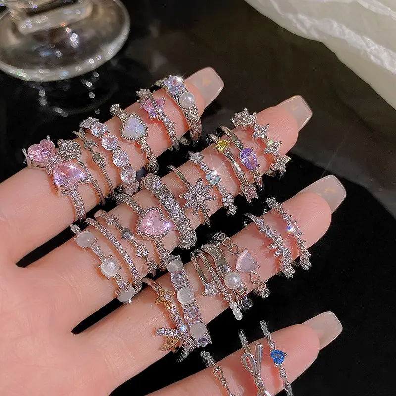 Ins Style Silver Zircon Ring for Women, Light Luxury Niche High-end Feel, Adjustable Open Ring, Versatile Elegant Hand Jewelry Wholesale