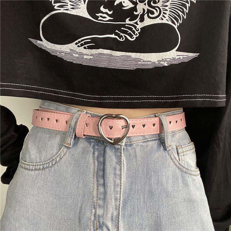 Minimalist heart belt, full hole versatile denim belt, thin pink small belt, women's style, spicy girl design, niche 2