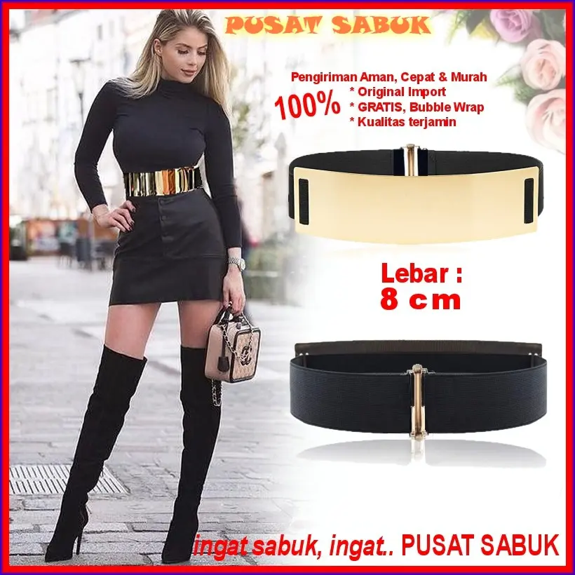 Gesper Plat GOLD Karet Obi Sabuk Ikat Pinggang Elastis Wanita Fashion Emas Women Belt 8 Hitam Import