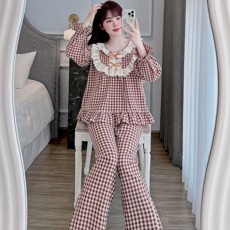 Bộ đồ Mặc nhà Kẻ caro Ren bèo 2 lớp Chất Đũi Thô tiểu thư cho Nữ DD65 Sammy - Quần Ngủ Nữ - Women 2