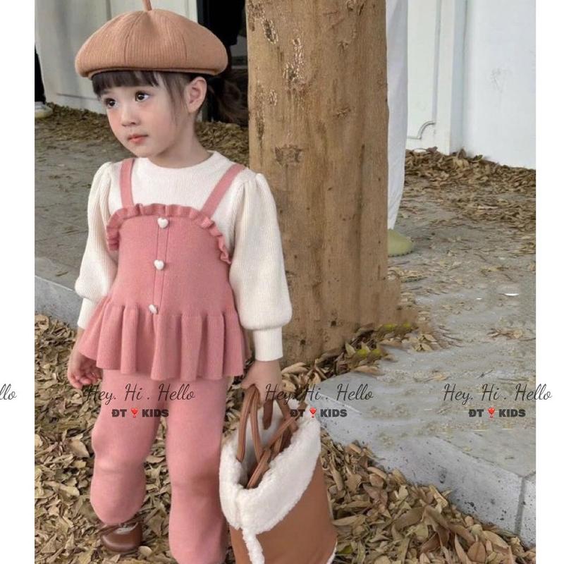 Bộ quần áo cho bé gái- Bộ đồ bé gái bánh bèo chất len tăm mềm cho bé từ 1 tuổi đến 7 tuổi