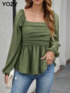 YOZY Women's Plain Ruched Shirred Blouse, Casual Square Neck Top for Spring & Fall, Women's Clothing for Daily Wear