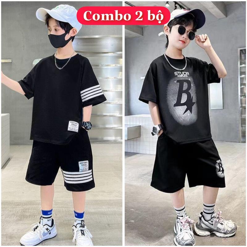 Combo 2 Bộ quần áo bé trai mùa hè size đại từ 17 đến 40kg, chất thun co giãn, mềm mát, dáng quần đùi áo cộc tay phong cách Hàn Quốc cho trẻ em từ 5 đến 14 tuổi. (mã 24 +39 Sao B + Sọc tay)