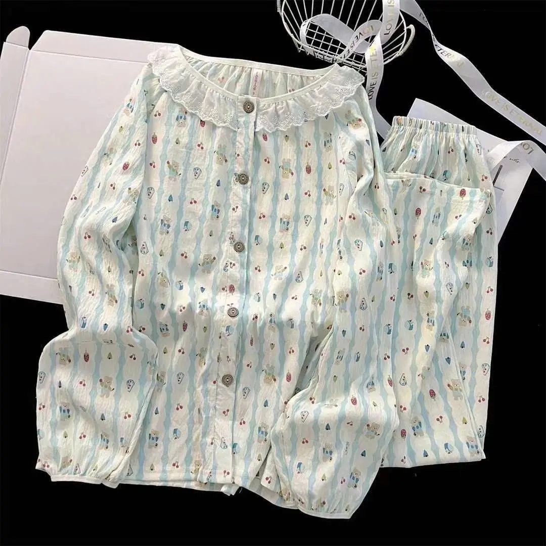 Đồ bộ - Bộ đồ pyjama mặc nhà tay dài cổ tròn phối ren mặc 4 mùa