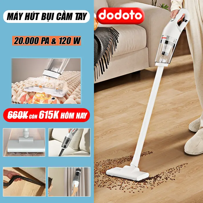 Máy hút bụi cầm tay mini không dây dodoto hút bụi sàn nhà, ô tô, giường đệm lực hút 20000 pa Làm Sạch