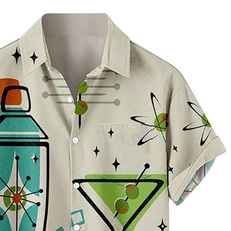 Huxriqvy Men Beach Shirt Color Matching Loose Graffiti Pattern Men Beach Top Single-breasted Men Clothes 4
