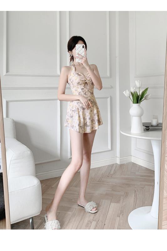 Product Introduction of Swimsuit Women's One-Piece Floral Skirt Small Chest Push up Sexy Pure Desire Style Halter Hot Spring Women's Swimsuit 2