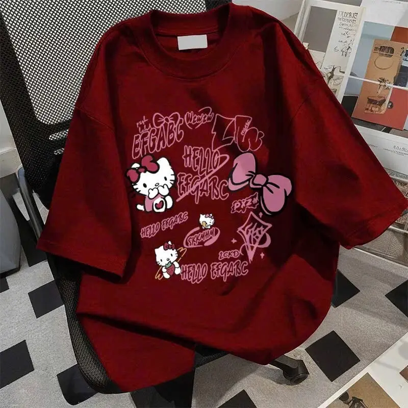 Áo phông form rộng tay lỡ chất cotton khô 3158 in hình hello kitty - nơ