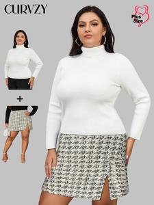 CURVZY 【Plus Size】 Two-Piece Set Textured Turtle Neck Sweater & Split Hem Bodycon Skirt for Fall & Winter, Women's Clothing for Daily Wear