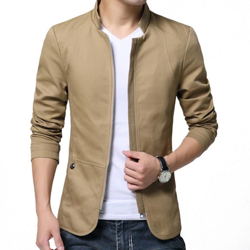Casual Men Autumn Solid Color Stand Collar Zipper Pockets Thin Slim Blazer Coat 3
