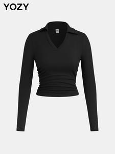 YOZY Valentine's Day Gift for Girl, Women's Plain Ruched V Neck Ribbed Tee, Casual Long Sleeve Collared Top for Daily Wear, Ladies Clothes for Spring & Fall, Fall & Winter Clothes