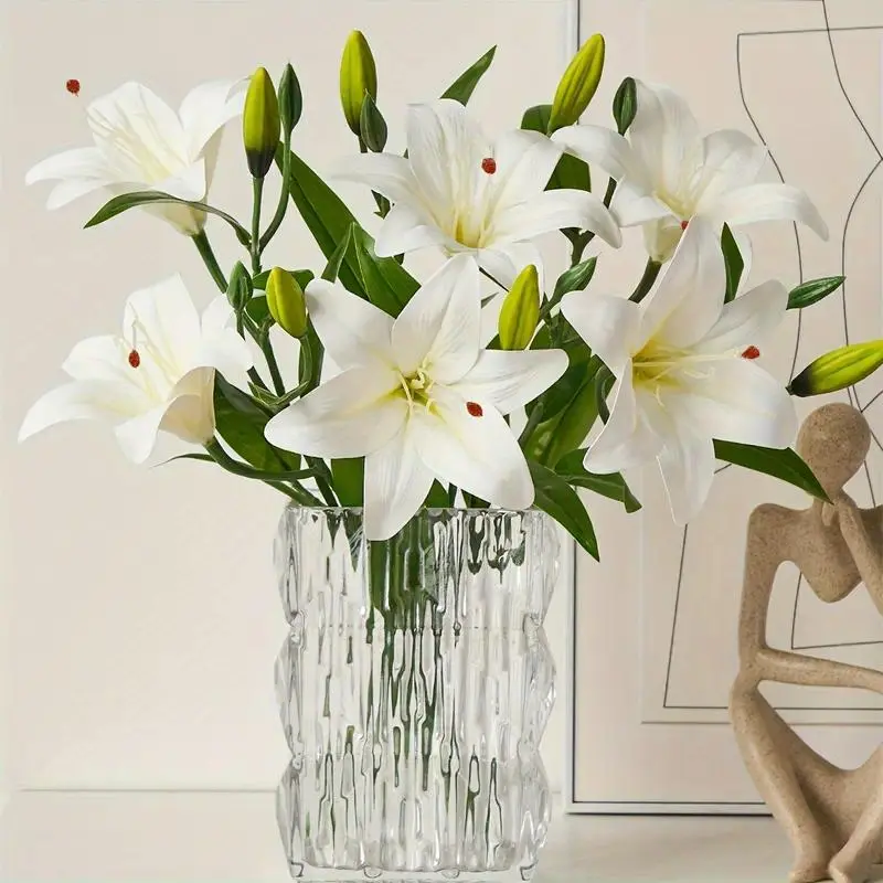 Gubahan Bunga Plastik Sentuhan Sebenar, 41cm, 2 Bunga Lily dan 1 Buah, Sesuai untuk Rumah, Pejabat, Kafe, Perkahwinan, 1 Keping