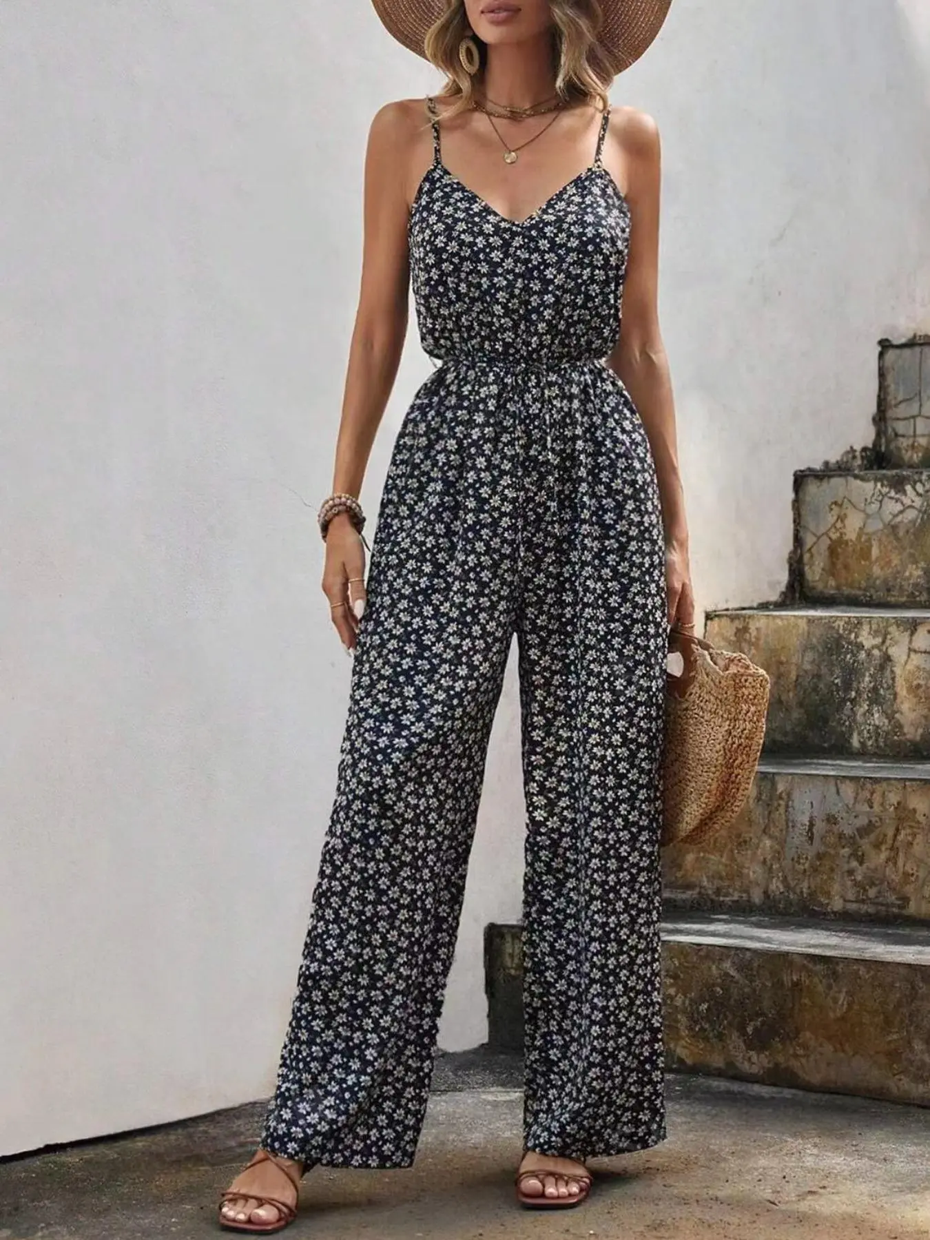 Women's Ditsy Floral Print Backless V Neck Cami Jumpsuit, Boho Fashion Sleeveless High Waist Straight Leg Jumpsuit for Daily Holiday Vacation Wear, Ladies Summer Clothes
