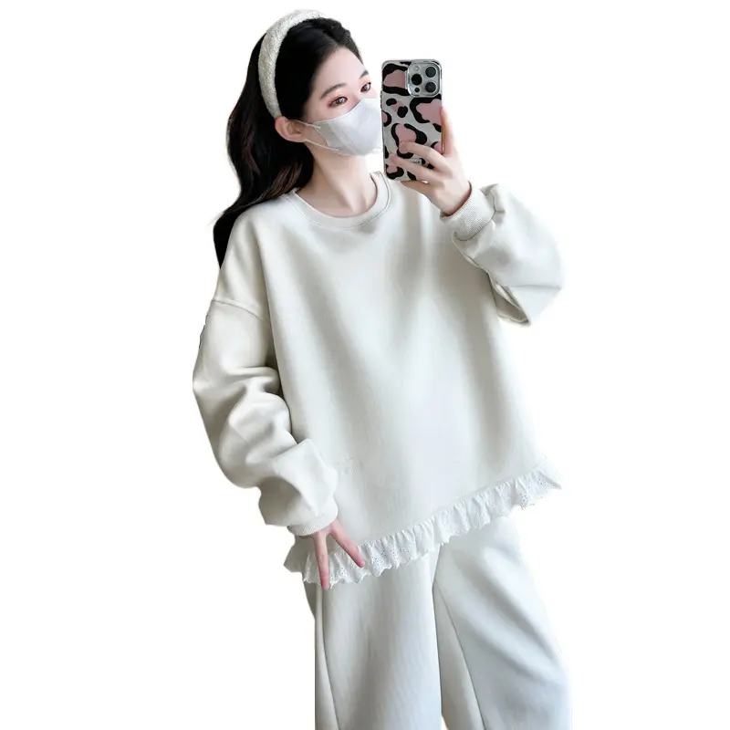 Set nỉ sweater be phối vạt ren form rộng peonyb - Bộ đồ thu đông quần dài mix áo swt cổ tròn kiểu dáng oversize đường phố hotgirl hàn quốc đẹp 1