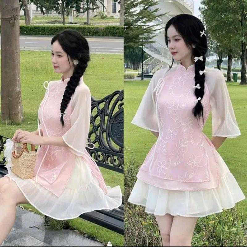 SÉT ÁO DÀI CÁCH TÂN THÊU HOA ĐÍNH NƠ KÈM CHÂN VÁY XÒE TRẺ TRUNG MẶC TẾT SIÊU XINH CÓ 3 MÀU,3 SIZE S,M, Nữ Tre Top tết Women 5