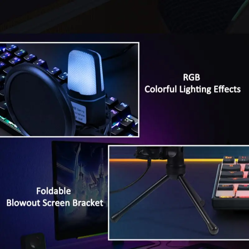 USB Powered Desktop Microphone With Foldable Bracket, RGB Colorful Lighting Effect Live Streaming Microphone, Gaming Microphone 4