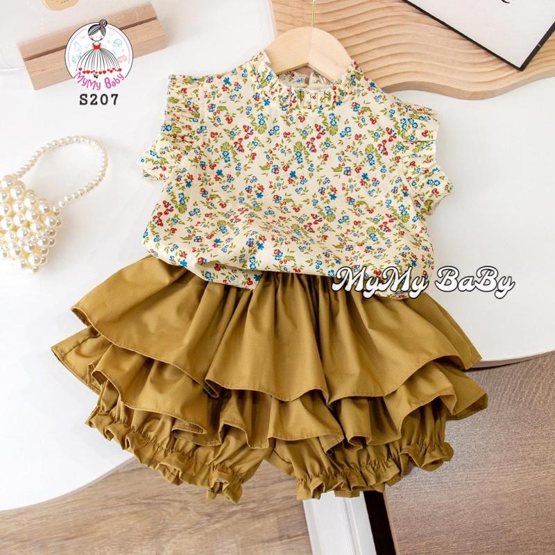 Sét áo sát nách hoa xanh đỏ quần tầng bí vàng bo chun nhẹ MyMyBaBy S207