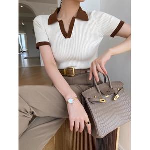 French retro color blocked Polo collar knitted short sleeved shoulder women's T-shirt, summer new style high-end Casual Tops