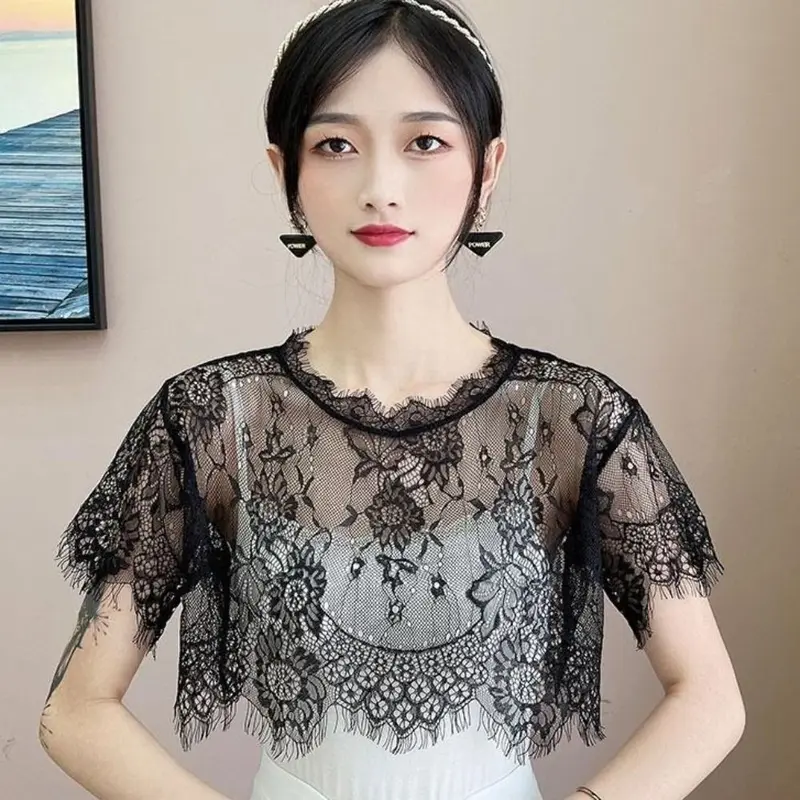 Khăn choàng ren, dành cho nữ, trắng và đen, khoét rỗng, cổ áo giả, thích hợp cho mùa xuân và mùa thu, áo choàng 0