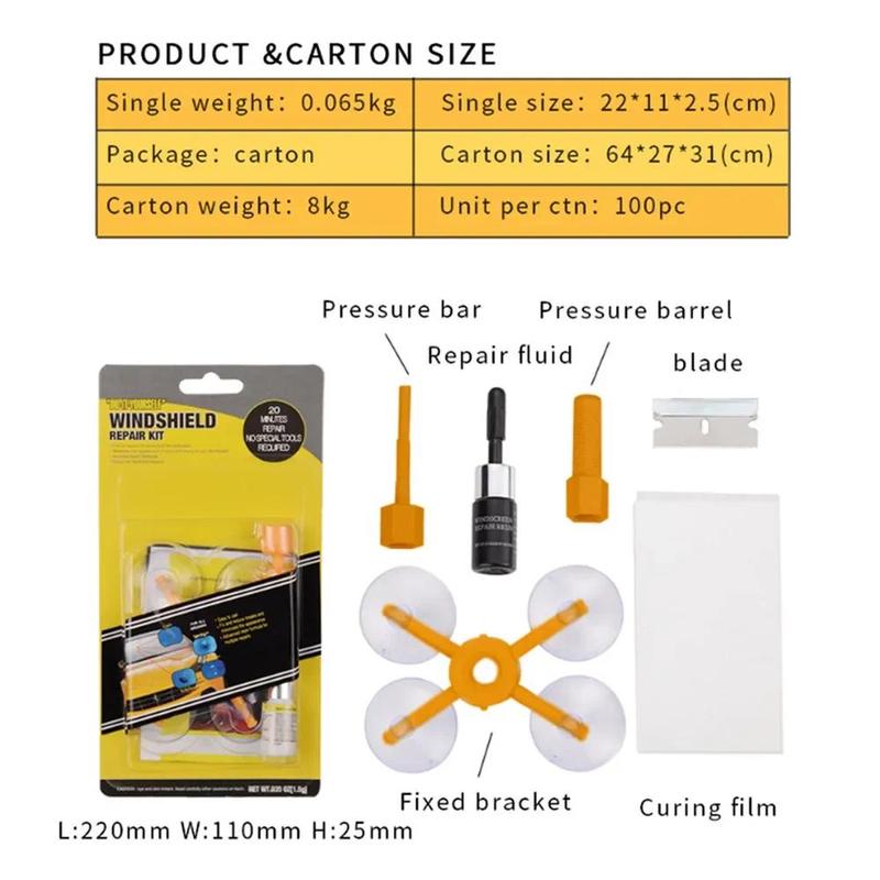 Product Introduction of Windshield Repair Kit Windscreen Tool Resin Rubber Quick Fix Cracked Glass Sealer Paint Cleaner Car Glass Restoration No Trace 2