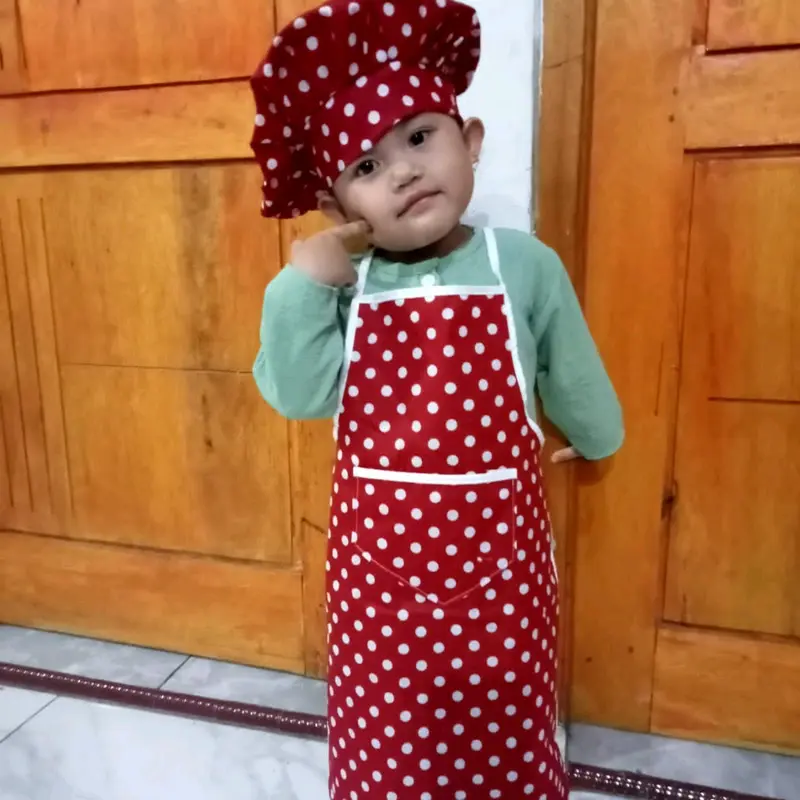 Celmek Apron Anak SD TK Polkadot Viral Plus Topi Chef Senada 1 set Celmek Dapur Anak Celemek viral dengan kantong polcadot hitam 3