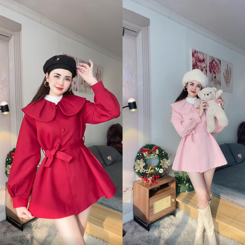 ÁO MĂNG TÔ DÁNG NGẮN Cổ Sen hàng QC chất liệu Kaki Hàn phối cúc bấm tiểu thư sang trọng