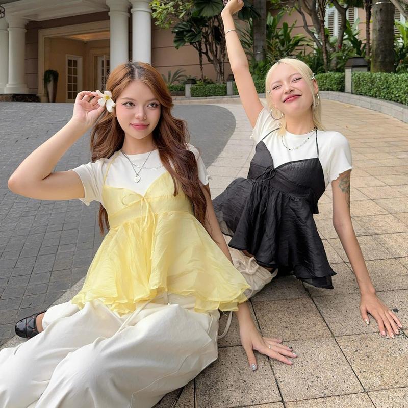   DEAL SỐC    BST 2025  AB HOUSE -  MUA 1 KÈM 1 THUN TRƠN TRẮNG   Áo 2 dây babydoll BABI thời trang nữ 