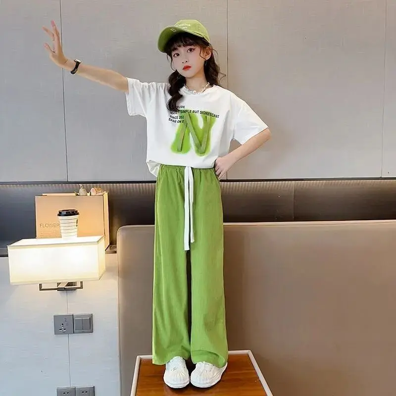 Bộ Đồ Mùa Hè Cho Bé Gái, Thời Trang Trẻ Em Mới, ngắn Tay, Cỡ Trung Bình Và Lớn, Bộ Đồ Hai Mảnh, Phong Cách Thường Ngày Quần Ống Rộng, Bán Chạy Trên Internet, Thời Trang 4