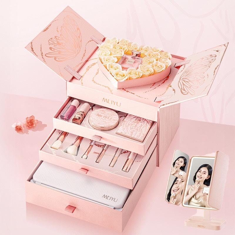 Bộ Trang Điểm Quà Tặng 4 tầng MEIYU hồng kèm hoa sáp trái tim + Gương LED đầy đủ 12 món - Quà tặng bạn gái, người yêu, tặng sinh nhật, 20/10, Valentine