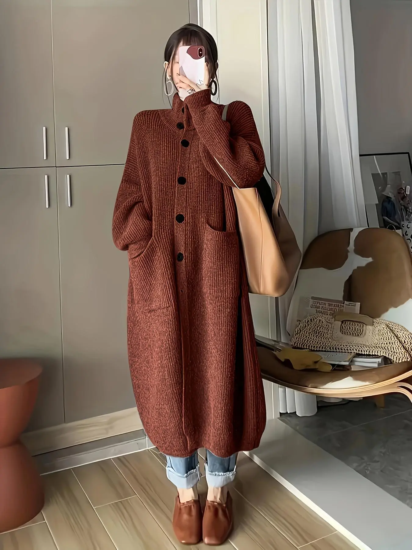 【Plus Size】 Solid Button Front Drop Shoulder Sweaters Cardigan, Casual Long Sleeve High Neck Knit Cardigan for Fall & Winter, Women's Plus Clothing for Daily Wear